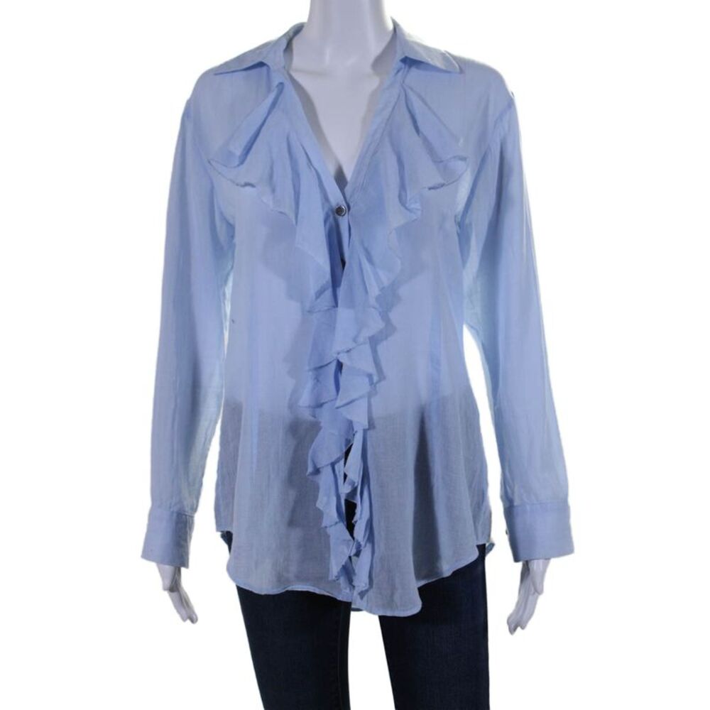 Mona Thalheimer Women's Long Sleeves Ruffle Button Down Blouse Blue Size S